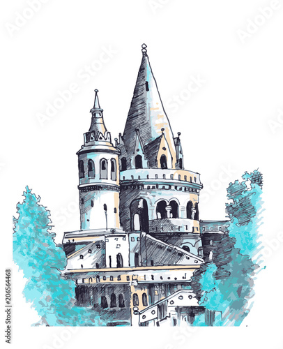 Medieval Castle Watercolor Vector Illustration. 