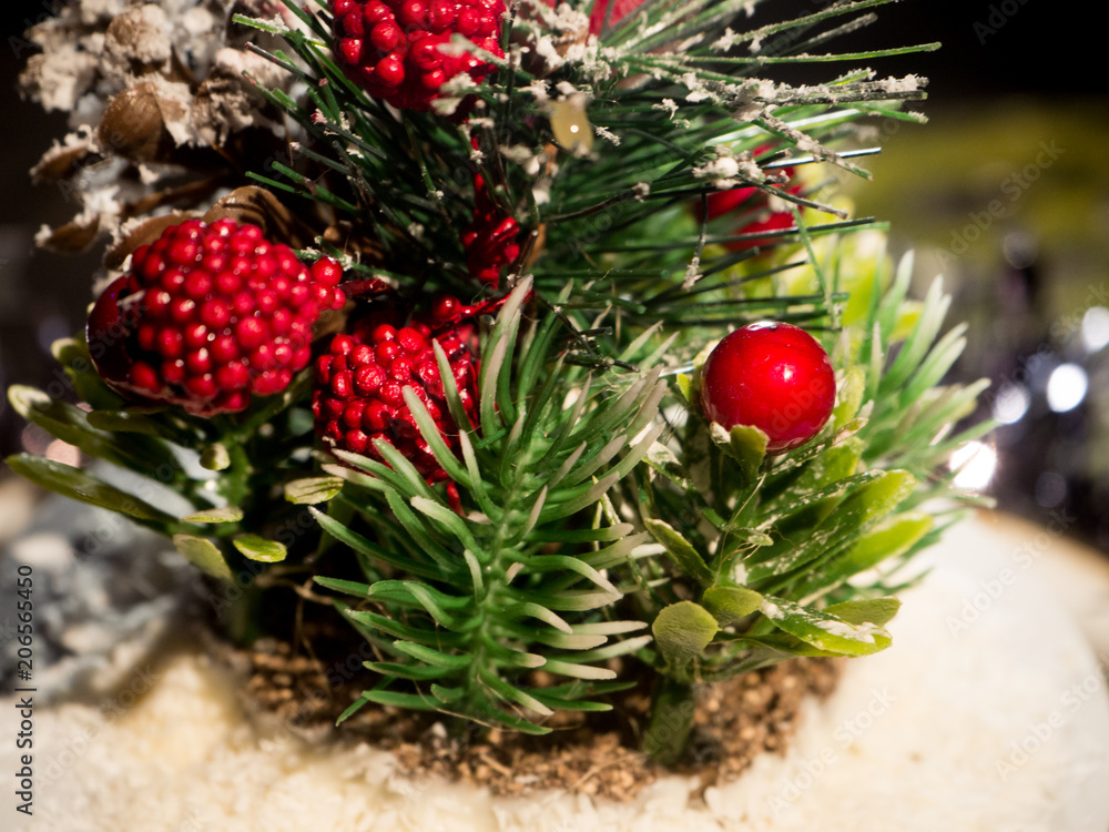Christmas Winter composition with cinnamon sticks, fir tree, red berry Christmas Winter composition with cinnamon sticks, fir tree, red berry