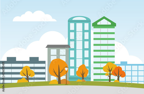 City landscape with autumn trees in the foreground.