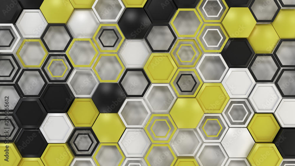 Abstract 3d background made of black, white and yellow hexagons on white background Abstract 3d background made of black, white and yellow hexagons on white background