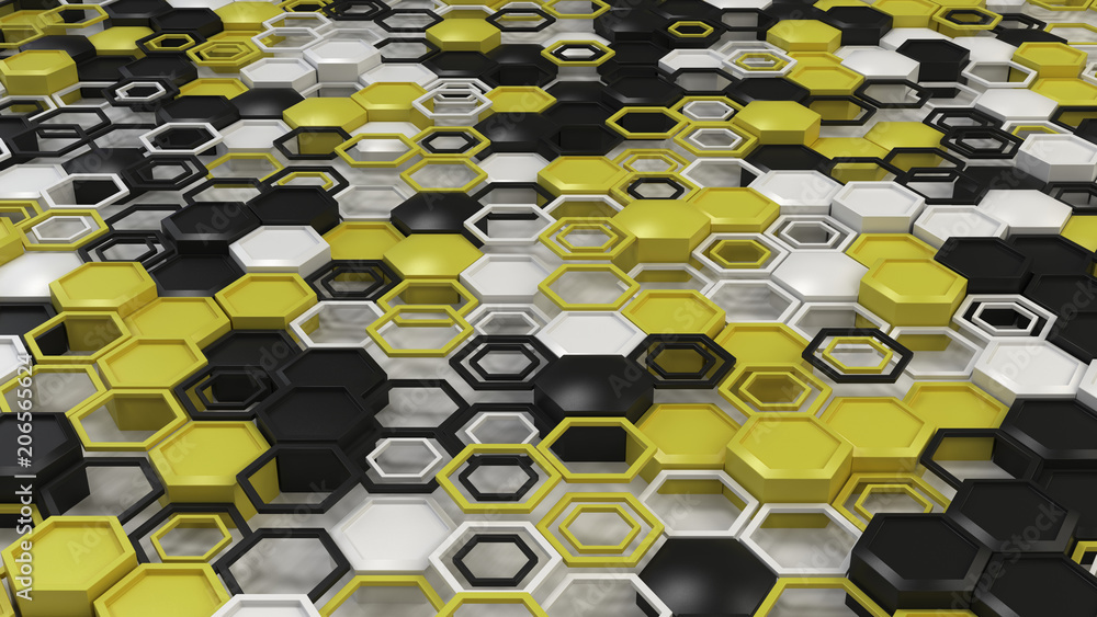 Abstract 3d background made of black, white and yellow hexagons on white background Abstract 3d background made of black, white and yellow hexagons on white background
