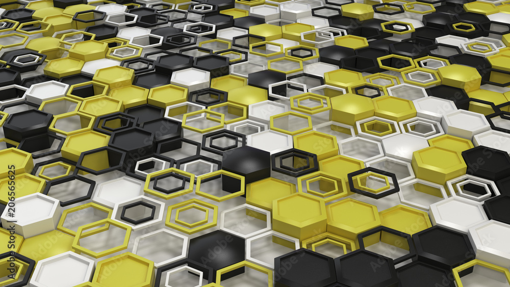 Abstract 3d background made of black, white and yellow hexagons on white background Abstract 3d background made of black, white and yellow hexagons on white background