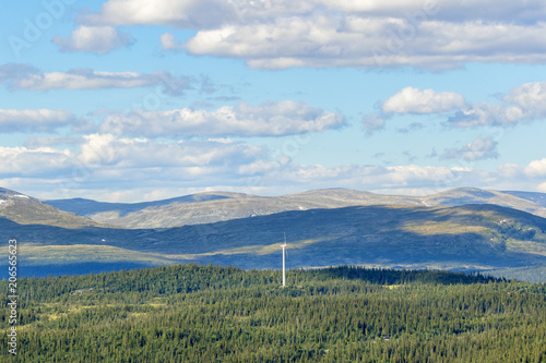 Wind turbine in a woodland landscape view in the north of Sweden