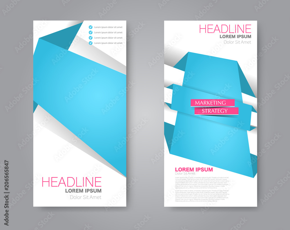 Vector flyer and leaflet design. Set of two side brochure templates. Vertical banners. Blue and pink color.