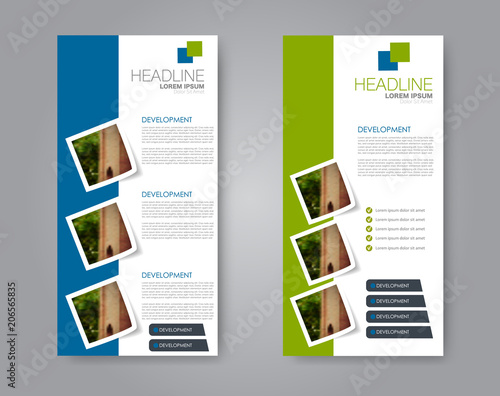 Vector flyer and leaflet design. Set of two side brochure templates. Vertical banners.  Blue and green color.