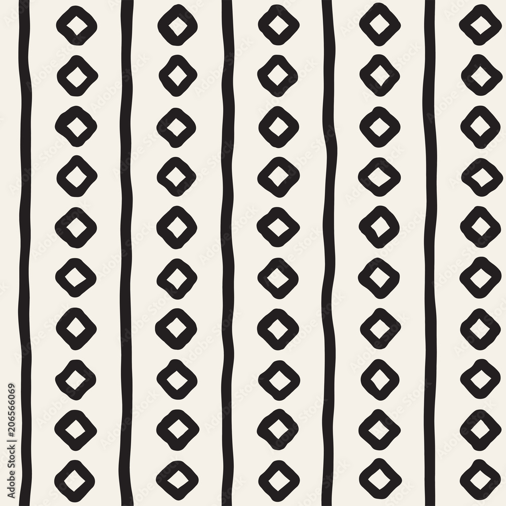 Hand drawn style ethnic seamless pattern. Abstract grungy geometric background in black and white.