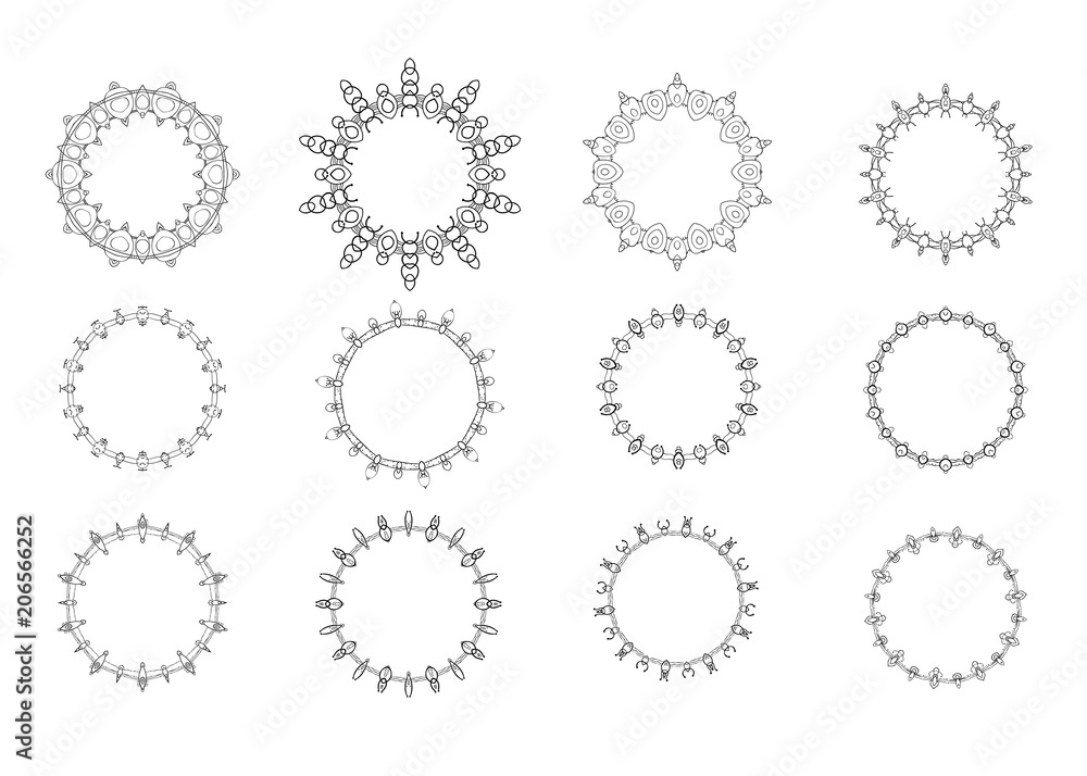 Set of black circular decorative frames. Vector illustration.