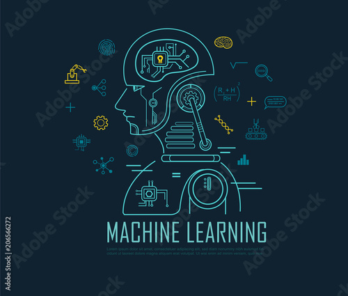 Machine learning banner, artificial intelligence, Machine learning and Deep learning flat line vector banner with icons on blue background.