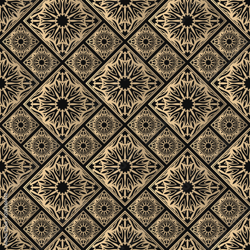 Seamless pattern oriental ornament. Black and golden textile print. Islamic vector design. Floral tiles.
