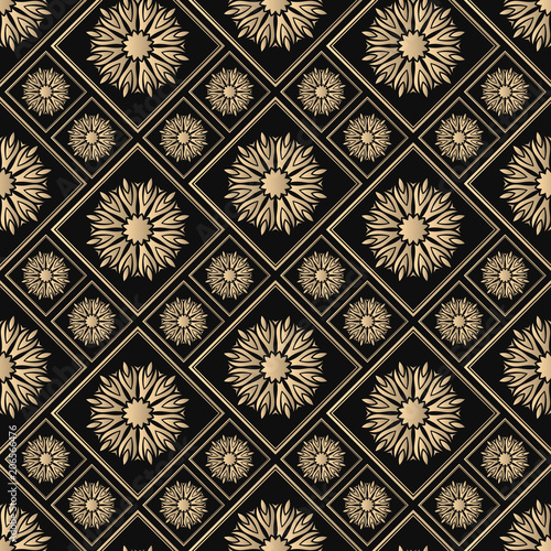 Seamless pattern oriental ornament. Black and golden textile print. Islamic vector design. Floral tiles.