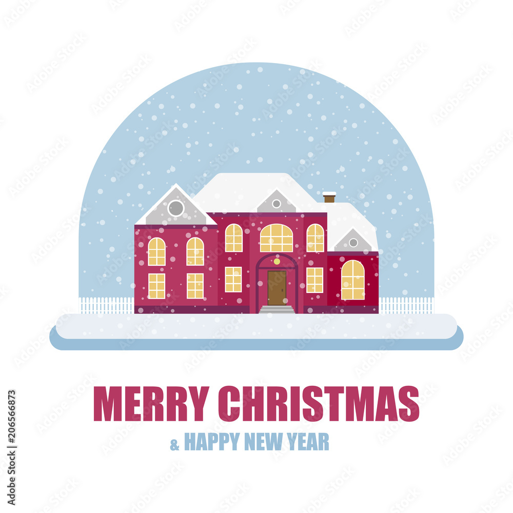 Xmas icon with flat house. Merry Christmas and Happy New Year