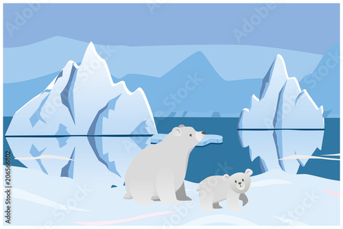 Polar bear and bear. Arctic landscape with icebergs