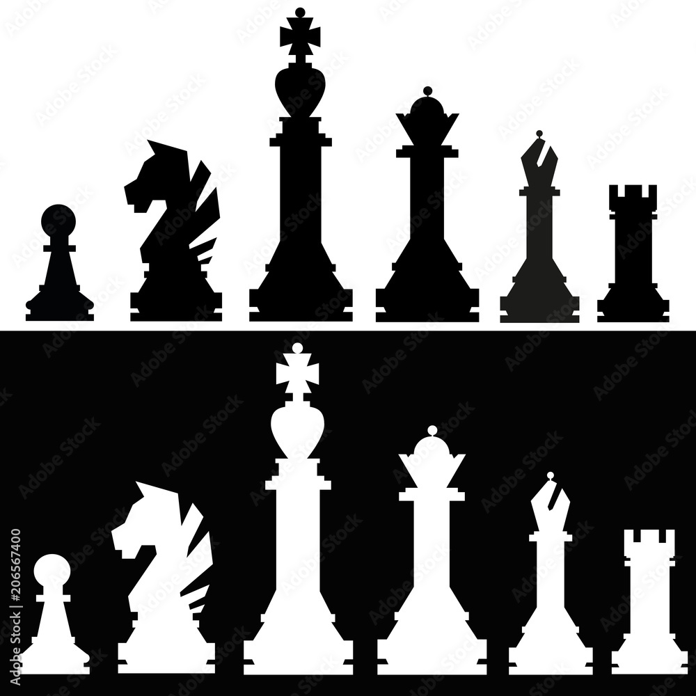 Chess and board icons set, chessmen banner, silhouette, flat black and  white drawing. Piece pawn, king, queen, bishop, knight, rook, with figure  names isolated on white background. Vector illustration - Stock Image 