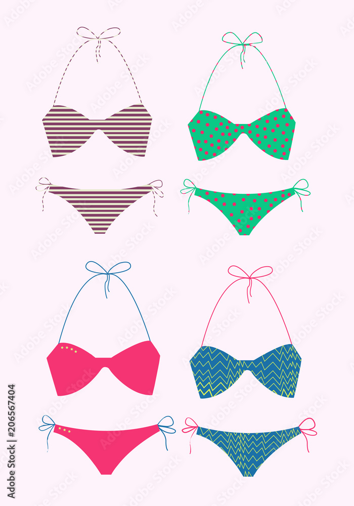 Collection of colored women swimsuits with prints on a white background. Brown, green, pink and blue color's. Vector Illustration Collection of colored women swimsuits with prints on a white background. Brown, green, pink and blue color's. Vector Illustration