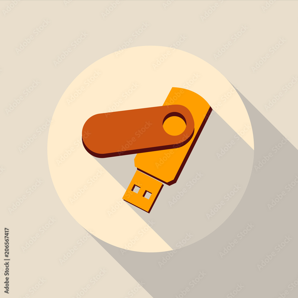 USB flash drive. Flat style with long shadows, vector icon illustration. Orange and brown color USB flash drive. Flat style with long shadows, vector icon illustration. Orange and brown color