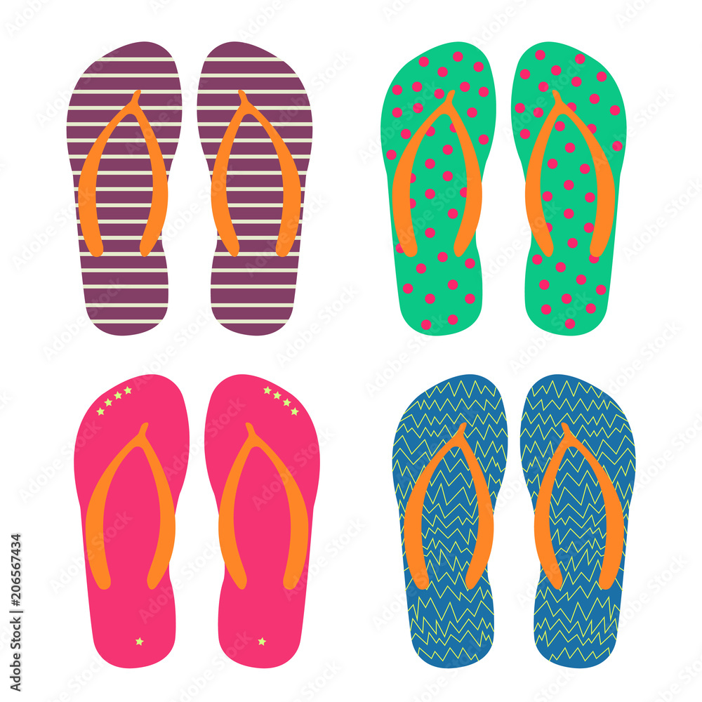 Set of multi colored flip flops with different patterns. Beach sandals. Pink, green, blue and purple. Vector illustration. Set of multi colored flip flops with different patterns. Beach sandals. Pink, green, blue and purple. Vector illustration.