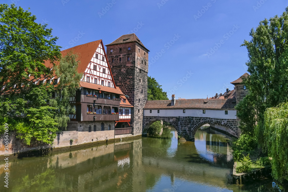 Weinstadel, water tower, Henker- or long bridge, river Pegnitz, historic centre, Nuremberg, Middle Franconia, Franconia, Bavaria, Germany, Europe Weinstadel, water tower, Henker- or long bridge, river Pegnitz, historic centre, Nuremberg, Middle Franconia, Franconia, Bavaria, Germany, Europe