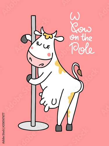 Cute vector cow dances around the pylon. Flat cartoon animal illustration poster