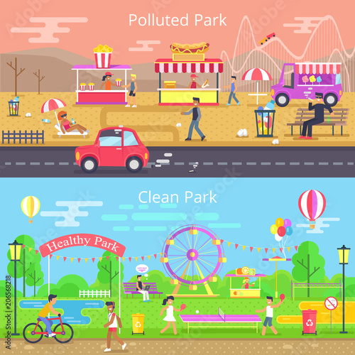 Polluted and Clean Park Set Vector Illustration