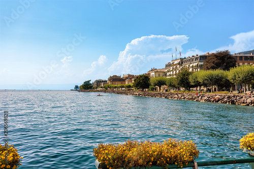 Buildings at Geneva Lake in Vevey summer