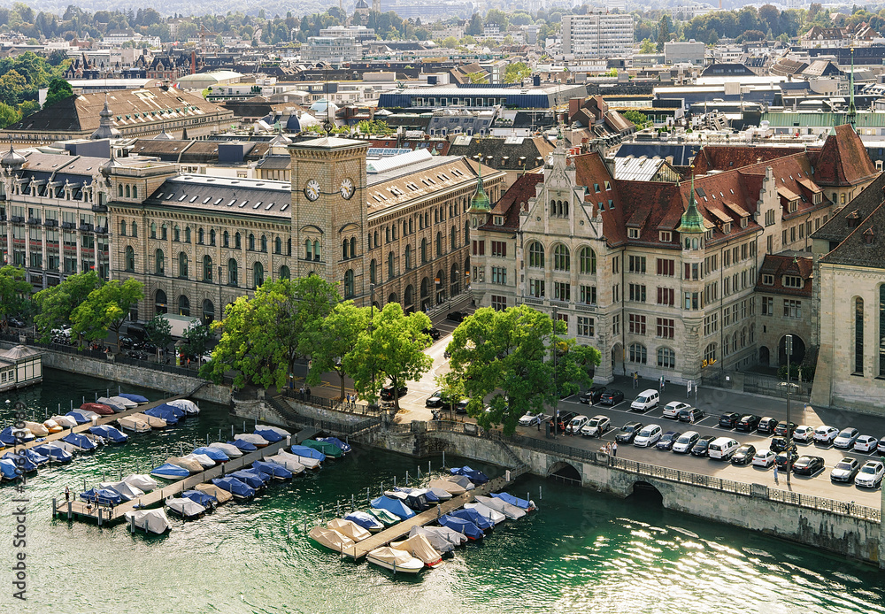 Boats at Post office and Stadthaus Limmat River Zurich