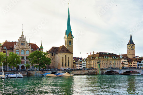 Fraumunster Church and Saint Peter boats at Limmat Zurich