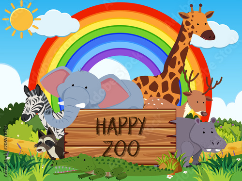 Fototapeta Naklejka Na Ścianę i Meble -  Animals in a Happy Zoo Banner