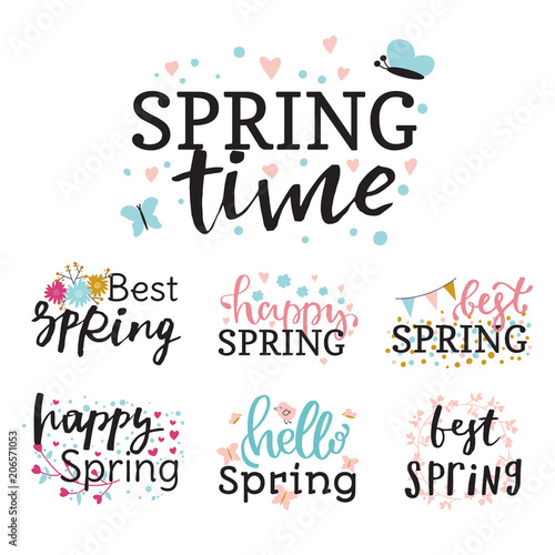 Hello spring time vector lettering text greeting card special springtime typo...