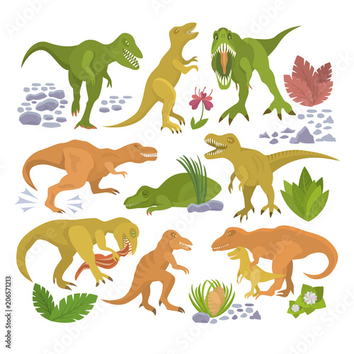 Dinosaur vector tyrannosaurus rex cartoon character dino and jurassic tyrannosaur attacking illustration set of ancient animal isolated on white background