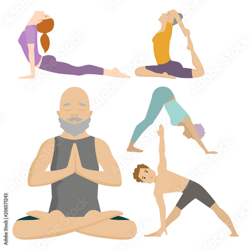 Yoga positions characters class meditation people concentration human peace lifestyle vector illustration.