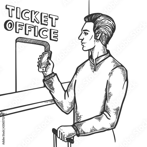 Man near ticket office engraving vector