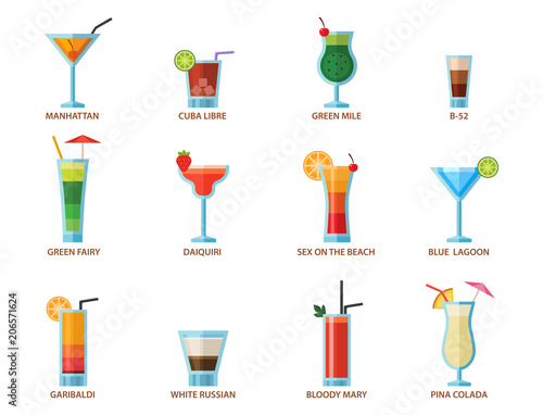Set of alcoholic cocktails fruit cold drinks tropical cosmopolitan freshness collection and party alcohol sweet tequila vector illustration.