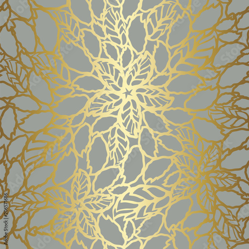 Seamless luxury golden lace leaves pattern on grey background
