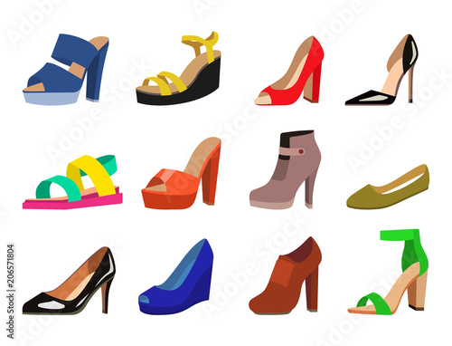 Womens shoes vector flat fashion design collection of leather colored moccasins shoes sandals illustration