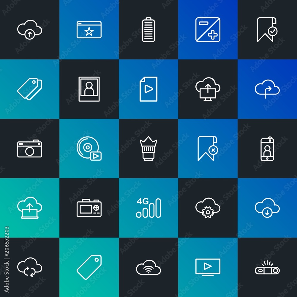 Modern Simple Set of cloud and networking, mobile, video, photos, bookmarks Vector outline Icons. Contains such Icons as and more on dark and gradient background. Fully Editable. Pixel Perfect. Modern Simple Set of cloud and networking, mobile, video, photos, bookmarks Vector outline Icons. Contains such Icons as and more on dark and gradient background. Fully Editable. Pixel Perfect.