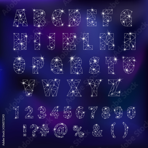 Alphabet ABC vector alphabetical font constellation with letters from stars astromomy alphabetic typography illustration isolated on night background