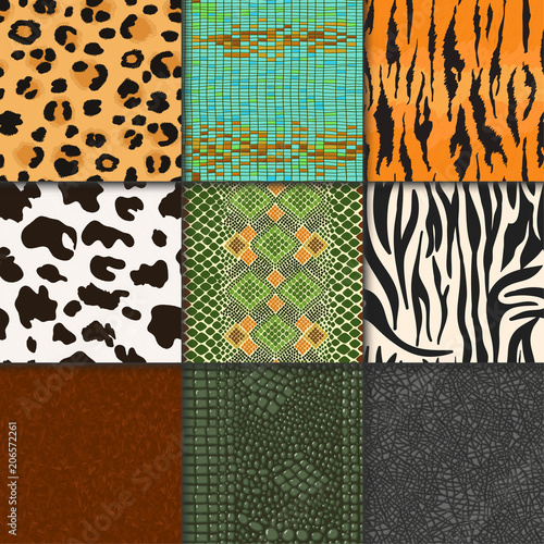 Animal skins vector pattern seamless animalistic skinny textured backdrop of wild skinning natural fur illustration wildlife background set