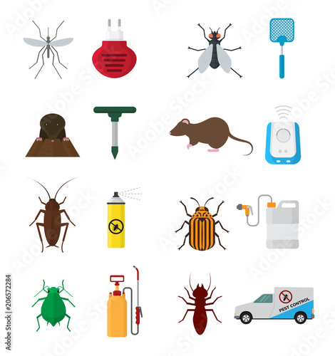 Insects control vector anti pest insecticide aerosol spray and chemical insecticidal sprayer for protection from bugs or mosquito illustration set isolated on white background