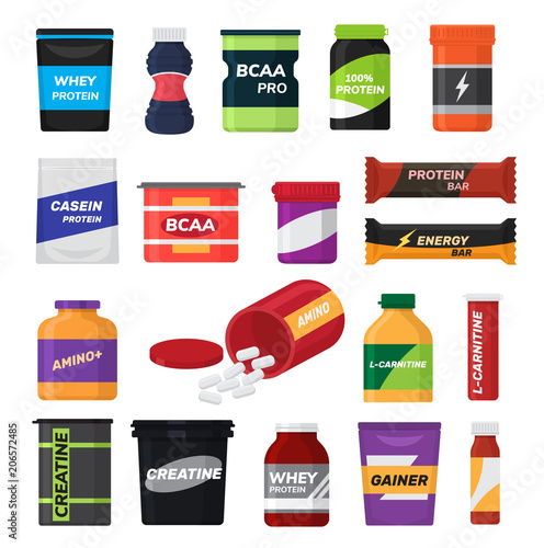 Bodybuilding fitness nutrition vector sport nutritional supplement with protein for bodybuilders illustration set isolated on white background