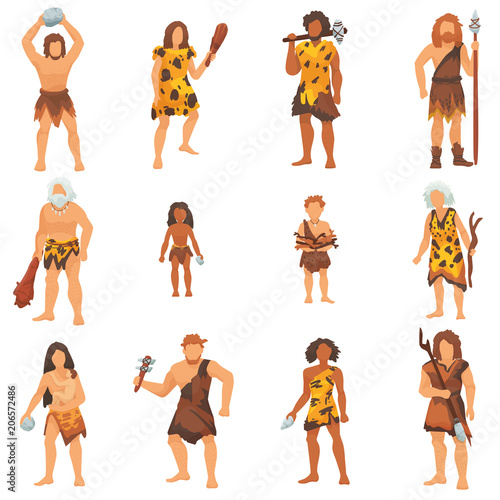 Primitive people vector primeval neanderthal cartoon character and ancient caveman in stone age cave illustration prehistoric man set isolated on white background