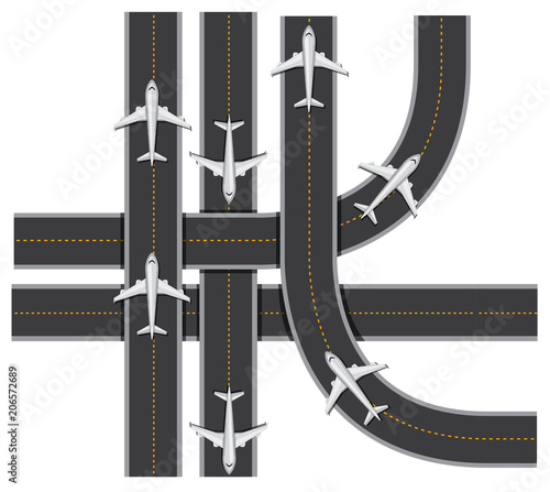 Plane Traffic on Runway on White Background