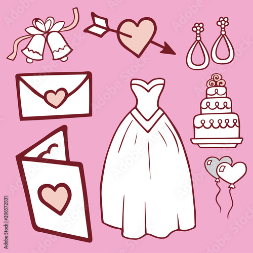 Wedding outline hand drawn icons vector illustration married celebration musi...