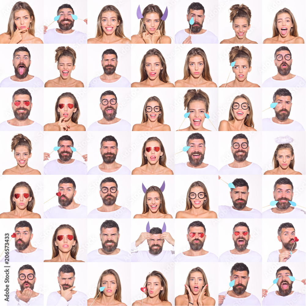 Collage of emotions. Different emotions. Emotion set of pretty girl and bearded man. Feeling and emotions. Emoji set. Set of human emotions. Emoji. Isolated on white background. Face expression. Collage of emotions. Different emotions. Emotion set of pretty girl and bearded man. Feeling and emotions. Emoji set. Set of human emotions. Emoji. Isolated on white background. Face expression.