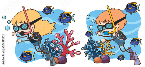 Boy and Girl Scuba Diving Underwater