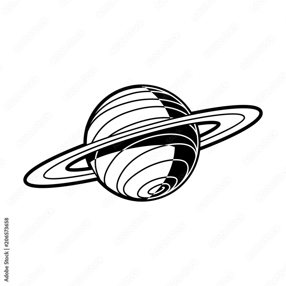 Planet Saturn with rings - celestial body of solar system isolated on white background. Black and white outer space astronomy object. Vector illustration of cosmos element. Planet Saturn with rings - celestial body of solar system isolated on white background. Black and white outer space astronomy object. Vector illustration of cosmos element.