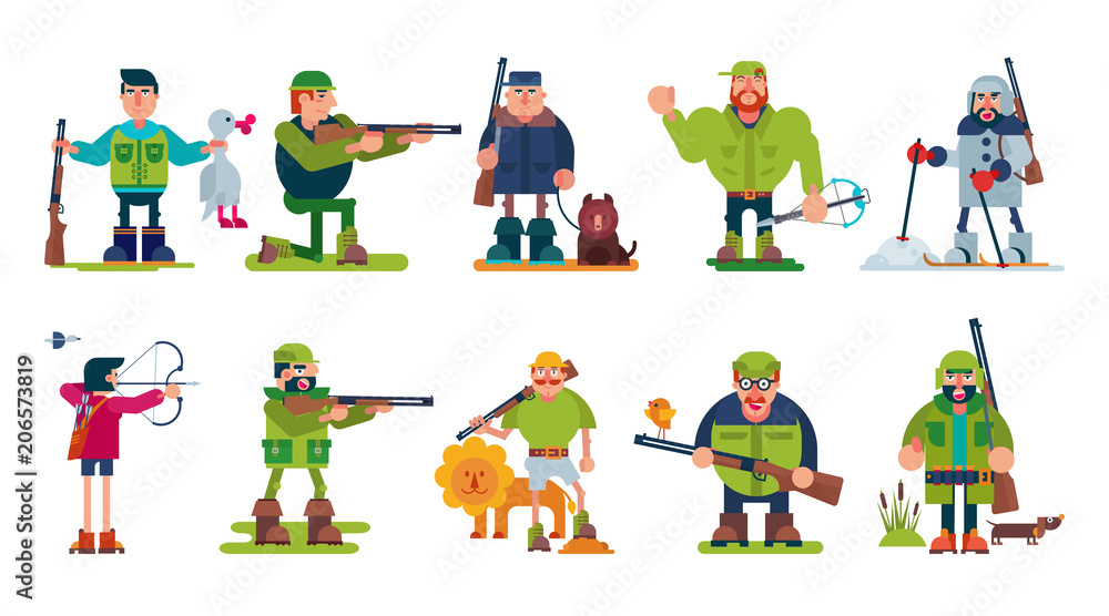 Hunter vector cartoon character of huntsman hunting with gun in forest and man in hat hunts with rifle or shotgun illustration set isolated on white background