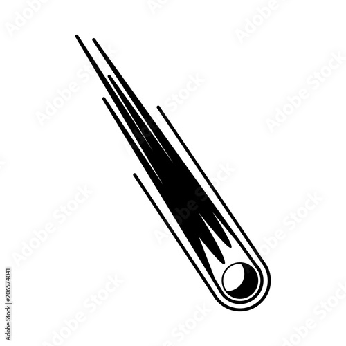 Cosmic comet with coma - celestial body with nebulous envelope isolated on white background. Solar System body with luminous tail flying in outer space in black and white vector illustration.