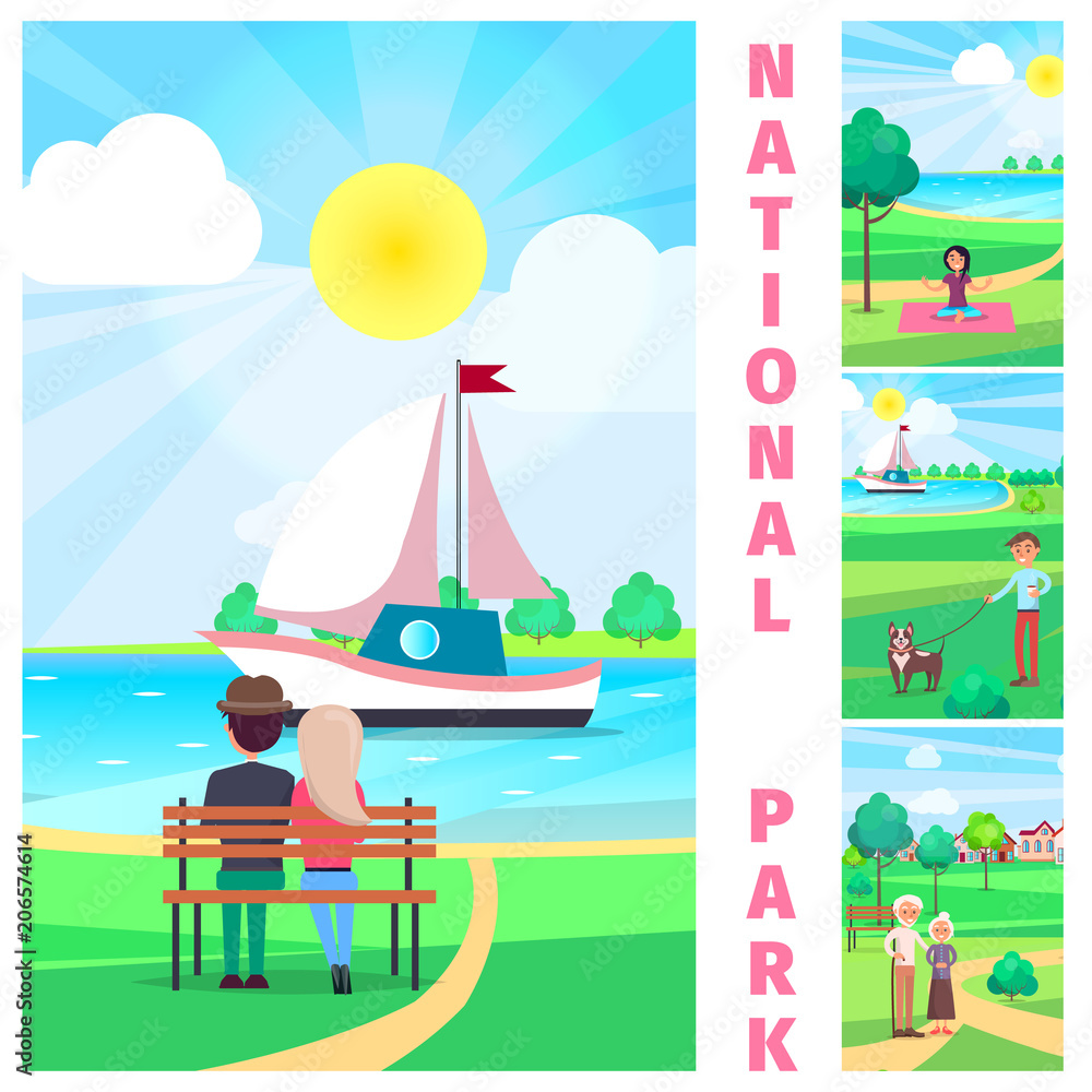 Fototapeta premium National Park with Couple Admiring Yacht Vector