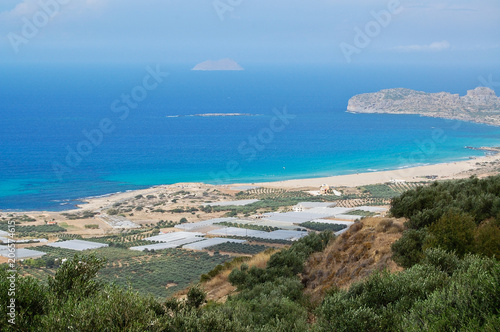 Landscape in Crete island, view to the coast and blue sea.