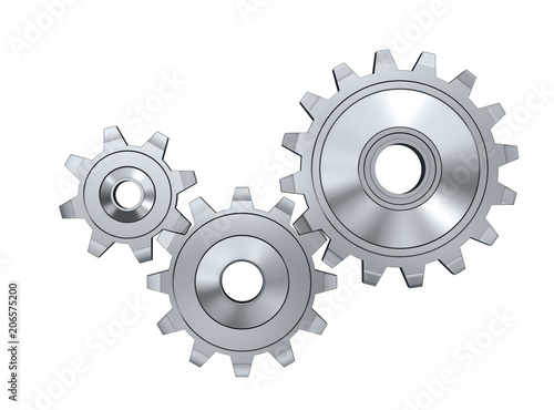 Metal gears three on white isolated background. 3d render illustration. Front view.